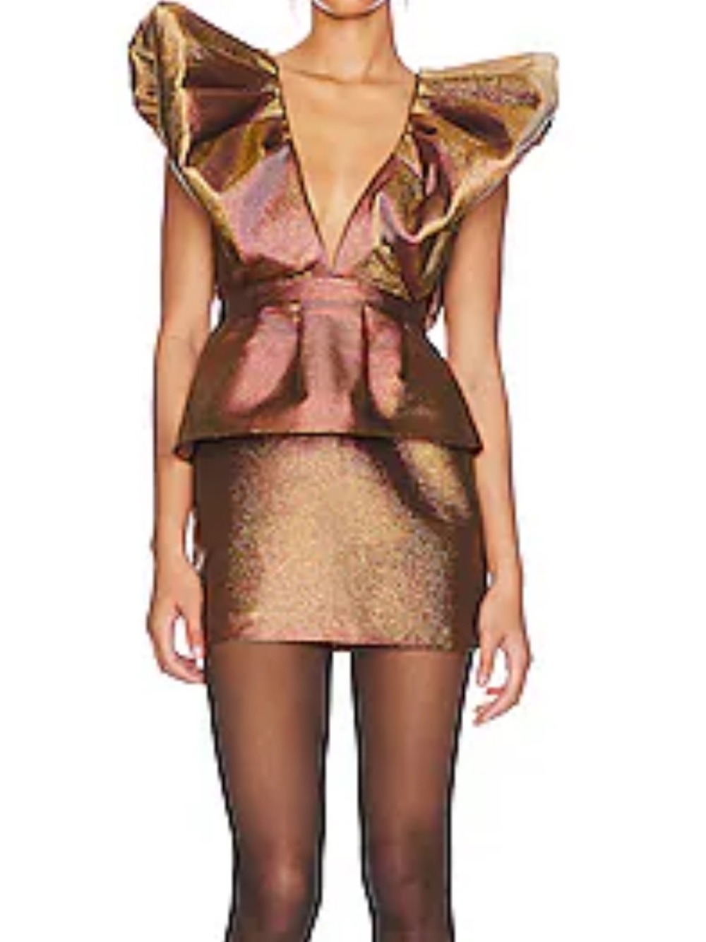 Ronny Kobo Iridescent Gold-Pink Ruffled Mini Dress